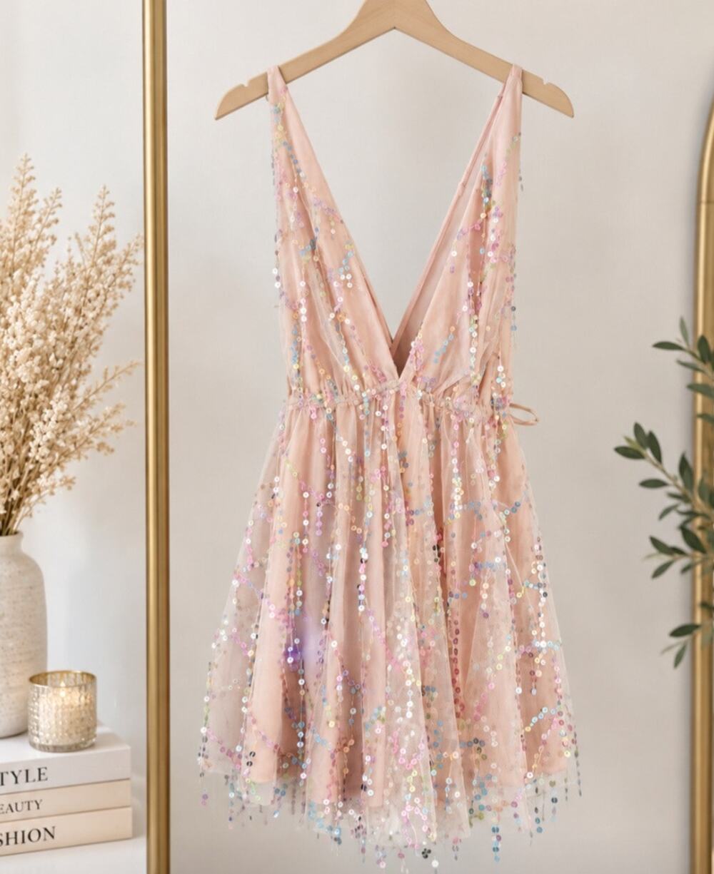 One And Only Collective Nude Pink Iridescent Sequins Mini Dress L New